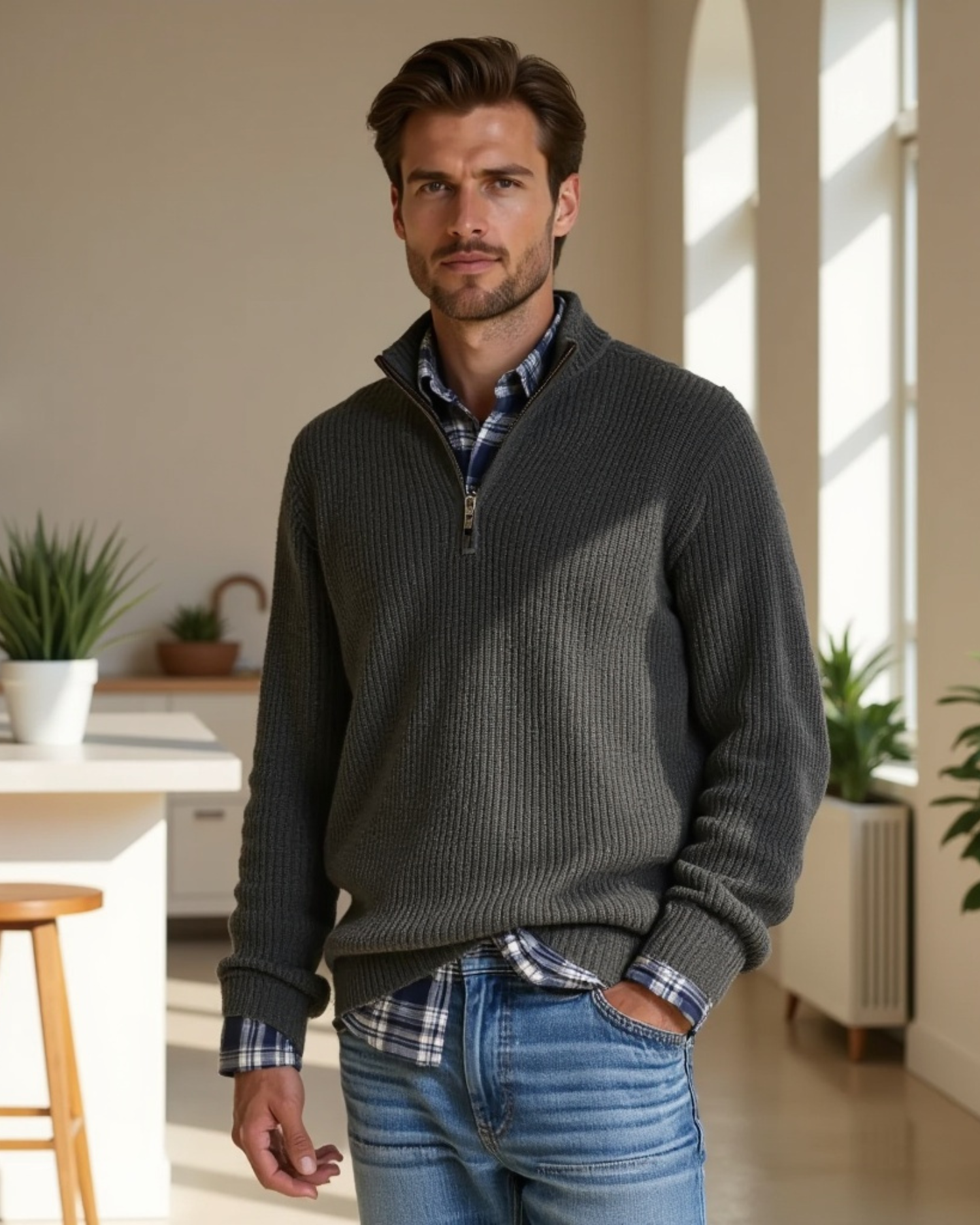 Men’s Casual Fit Sweater with Zippered Collar