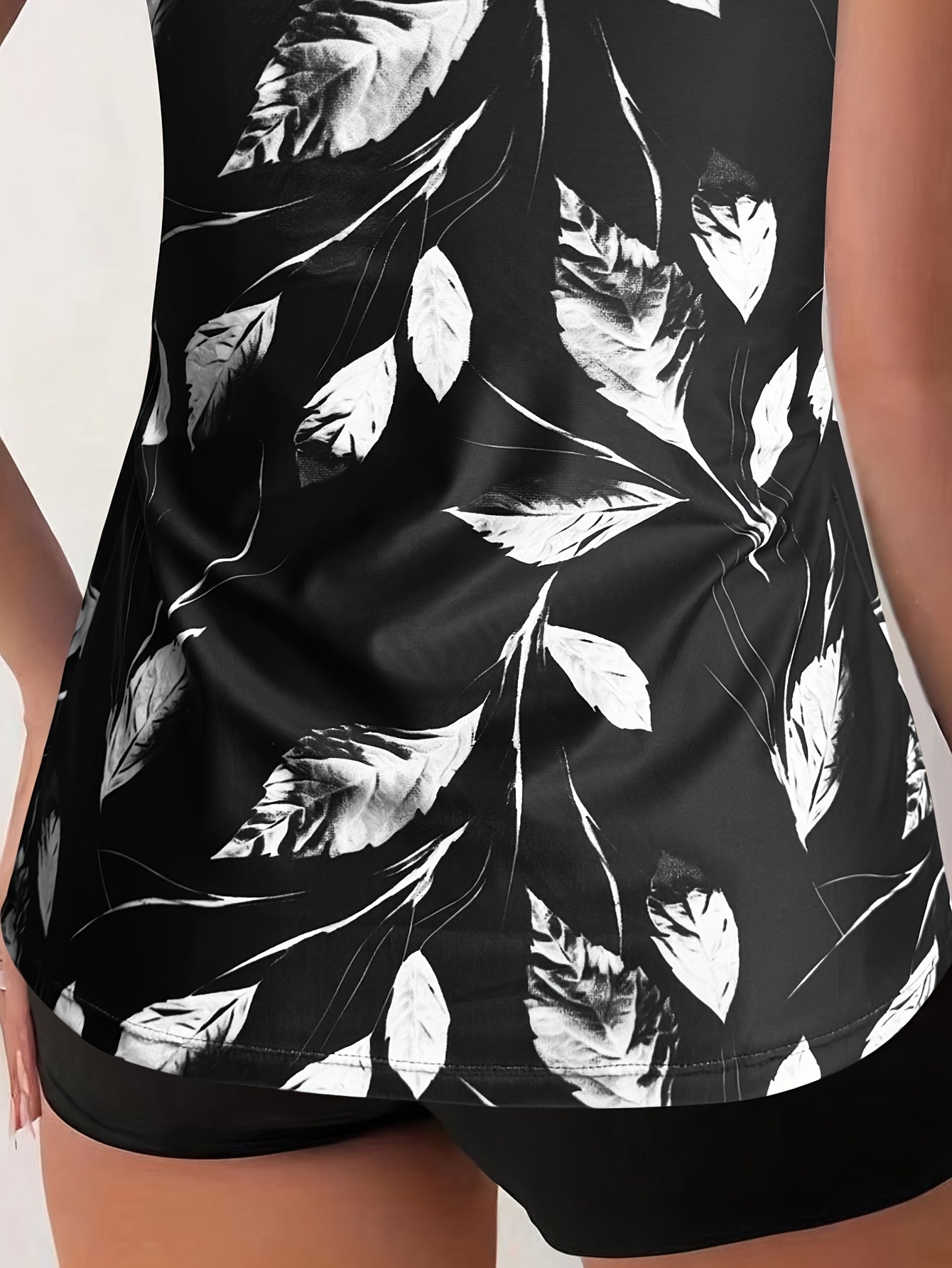 Elise | Black and White Leaf Print Tankini Set