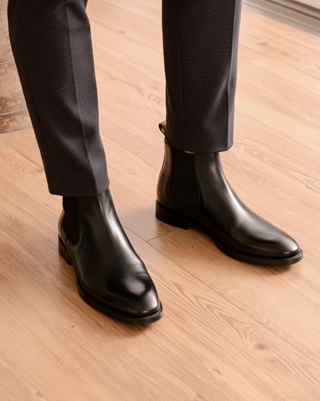 Men’s Elastic Side Panel Chelsea Boots with Almond Toe