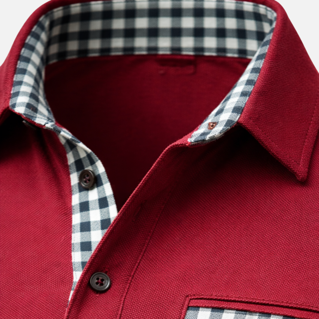 Men’s Long Sleeve Polo Shirt with Check-Trim Collar