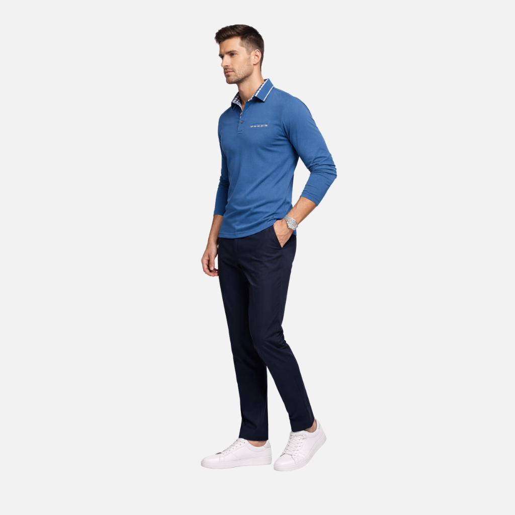 Men’s Long Sleeve Polo Shirt with Check-Trim Collar