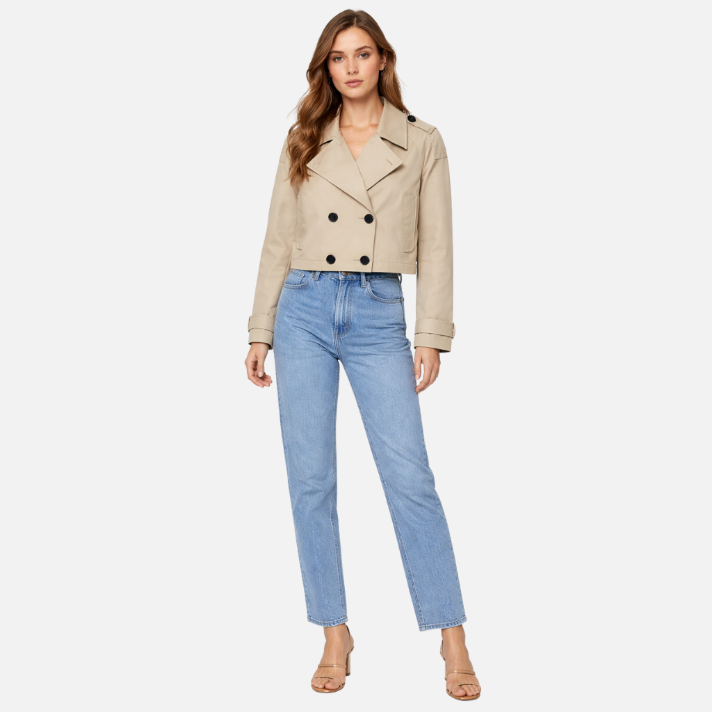 Women’s Cropped Trench Coat with Turn-Down Collar