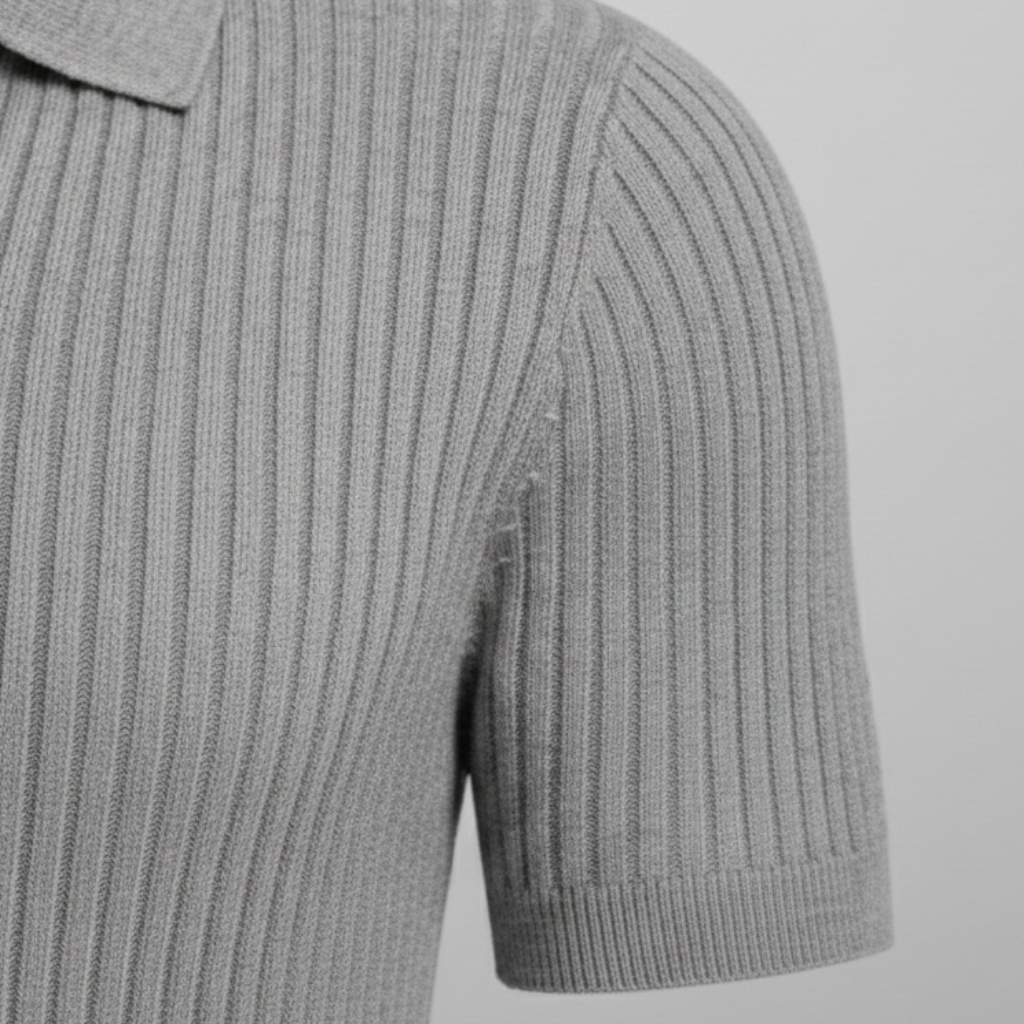 Men’s Ribbed Knit Polo Shirt with V-Neck Collar