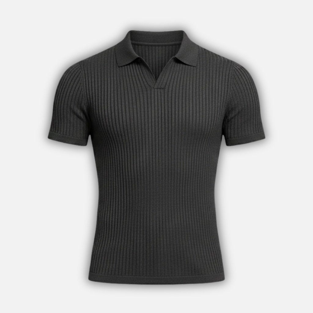 Men’s Ribbed Knit Polo Shirt with V-Neck Collar