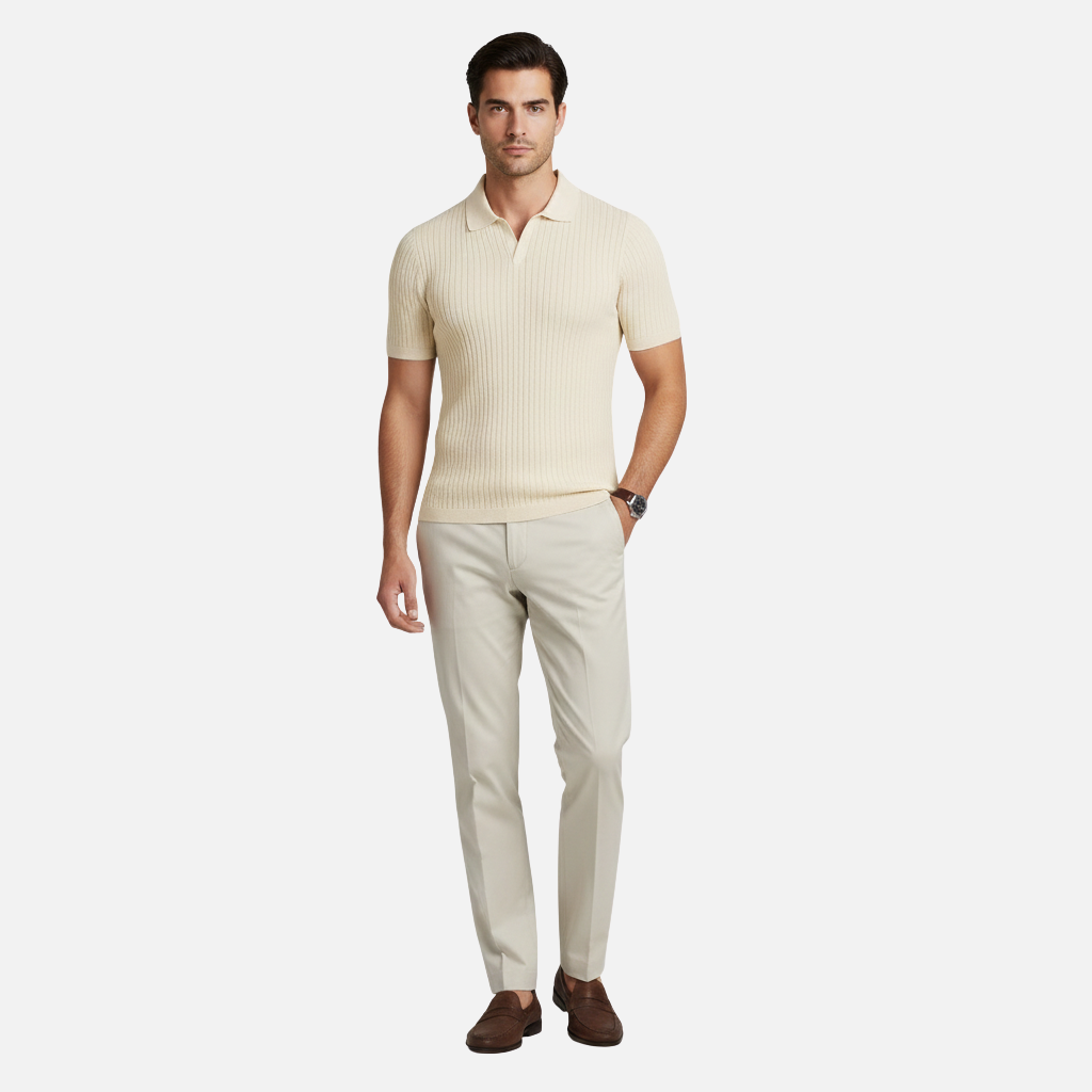 Men’s Ribbed Knit Polo Shirt with V-Neck Collar