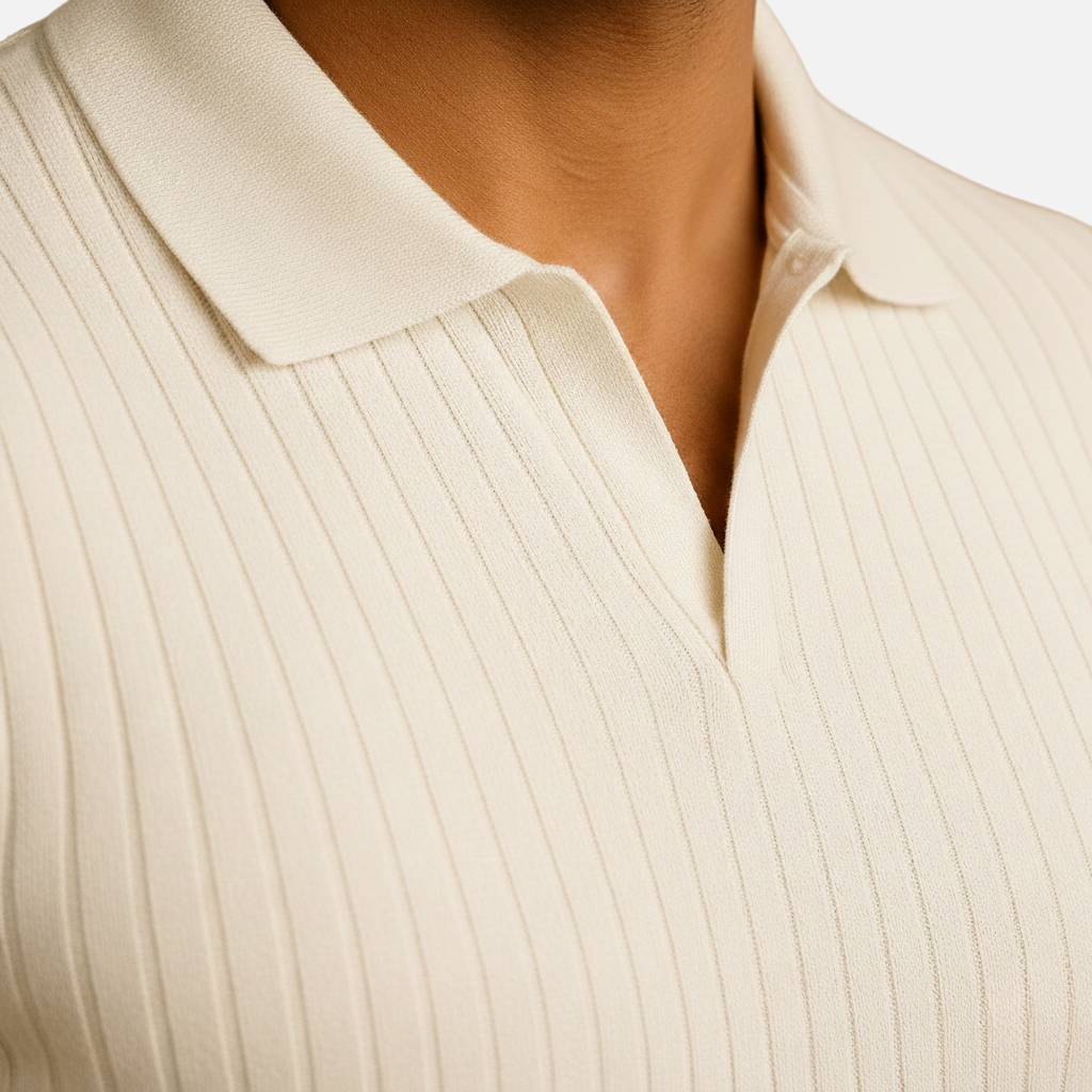 Men’s Ribbed Knit Polo Shirt with V-Neck Collar
