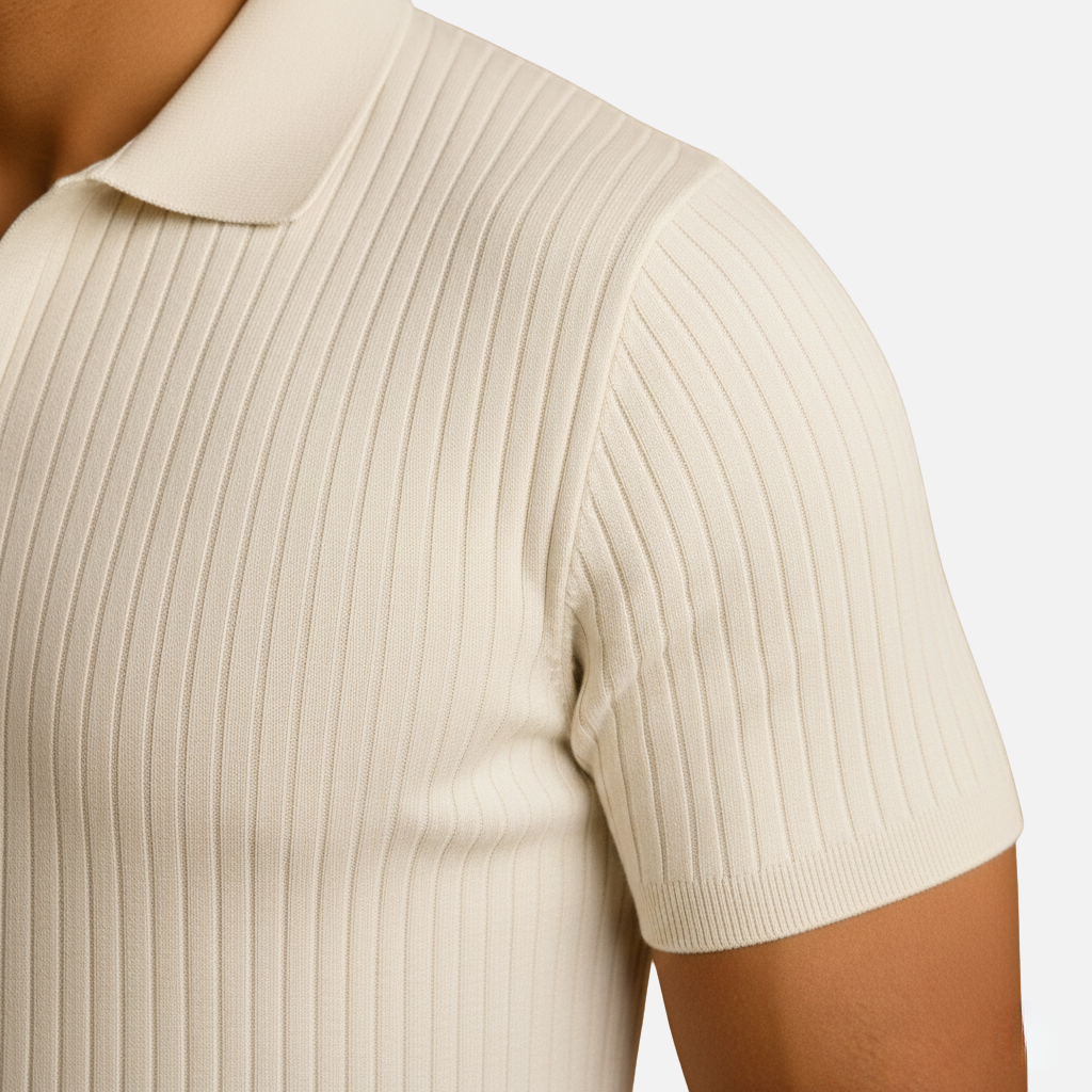 Men’s Ribbed Knit Polo Shirt with V-Neck Collar