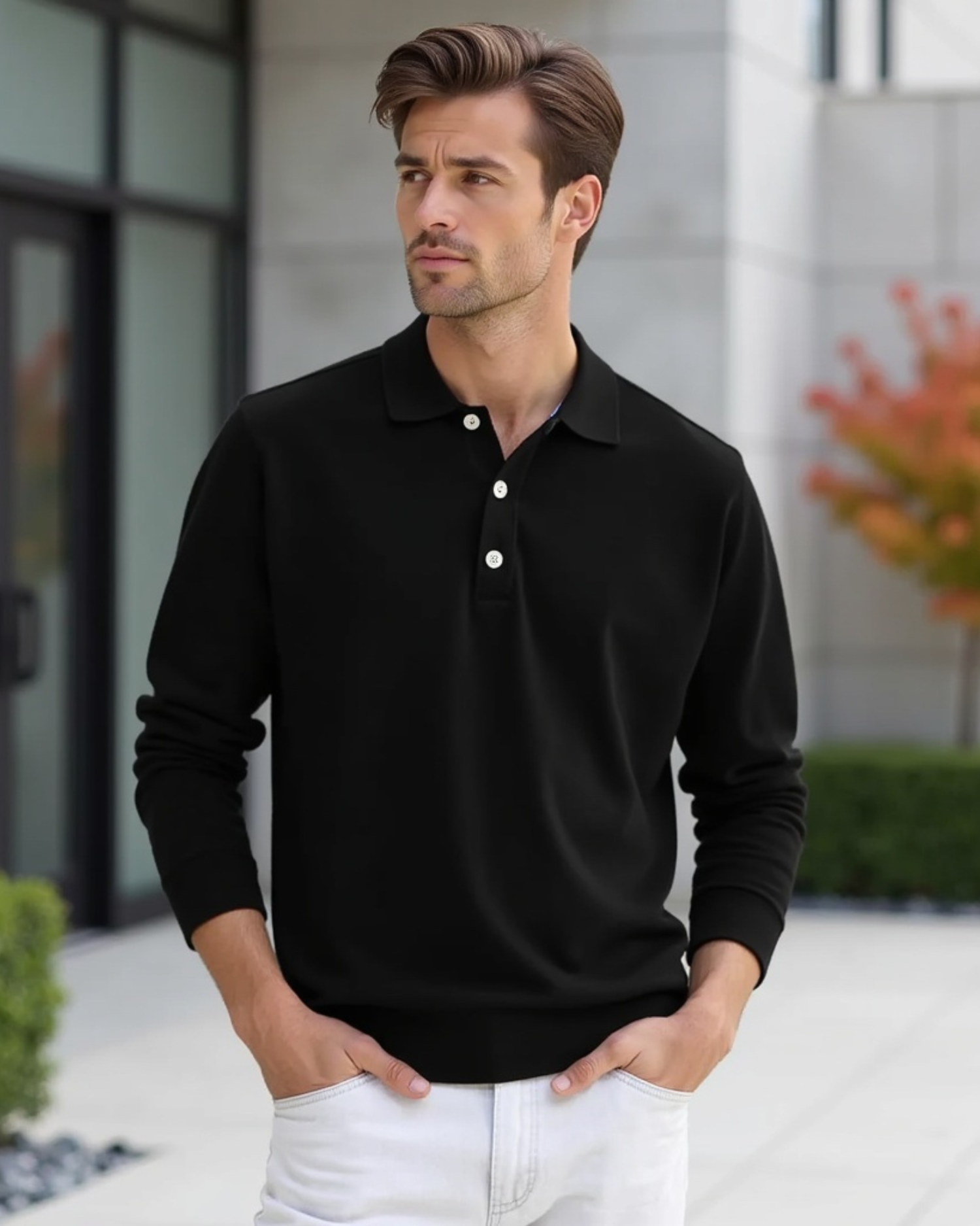 Men’s Long-Sleeve Polo Shirt with Button-Front Collar