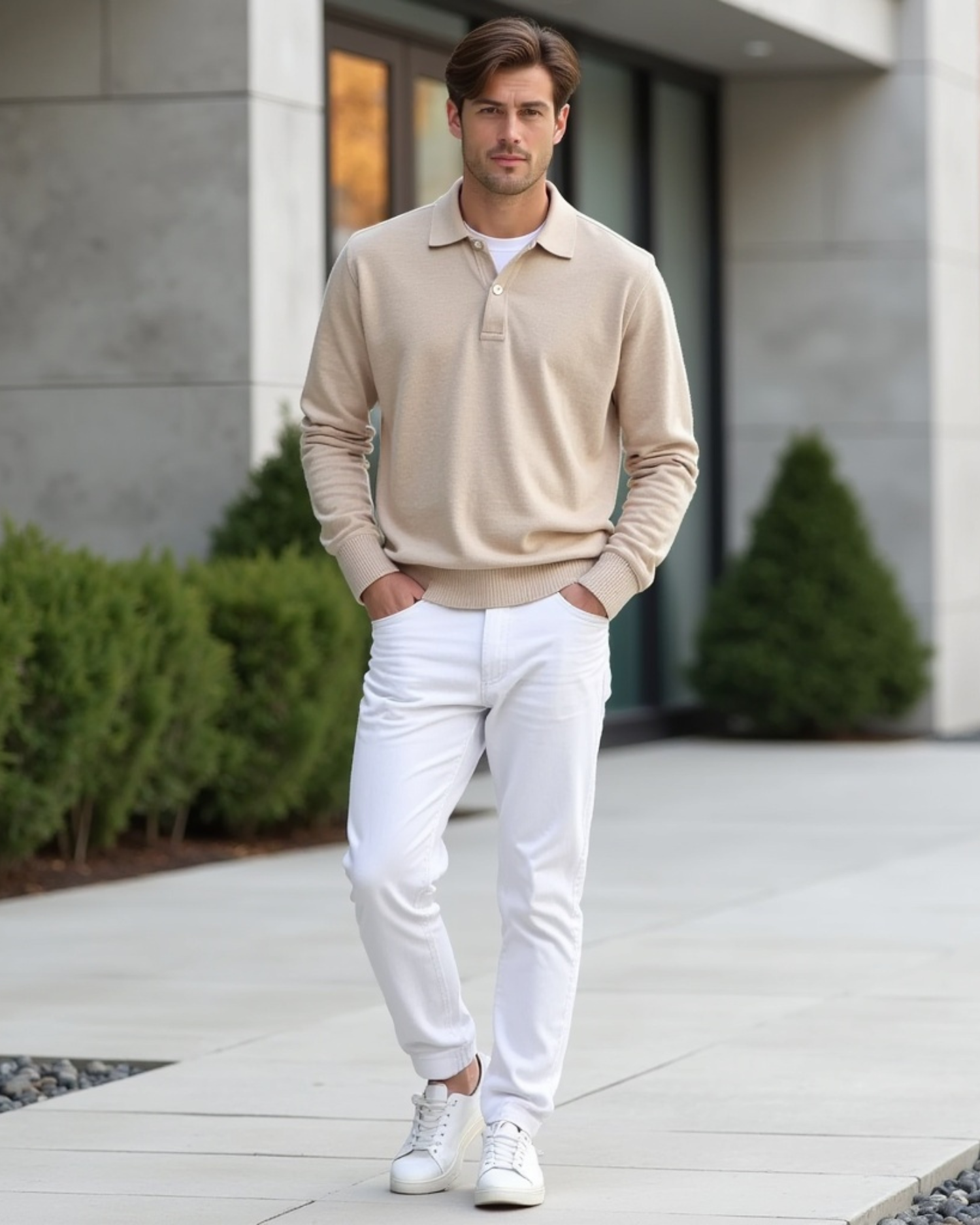 Men’s Long-Sleeve Polo Shirt with Button-Front Collar