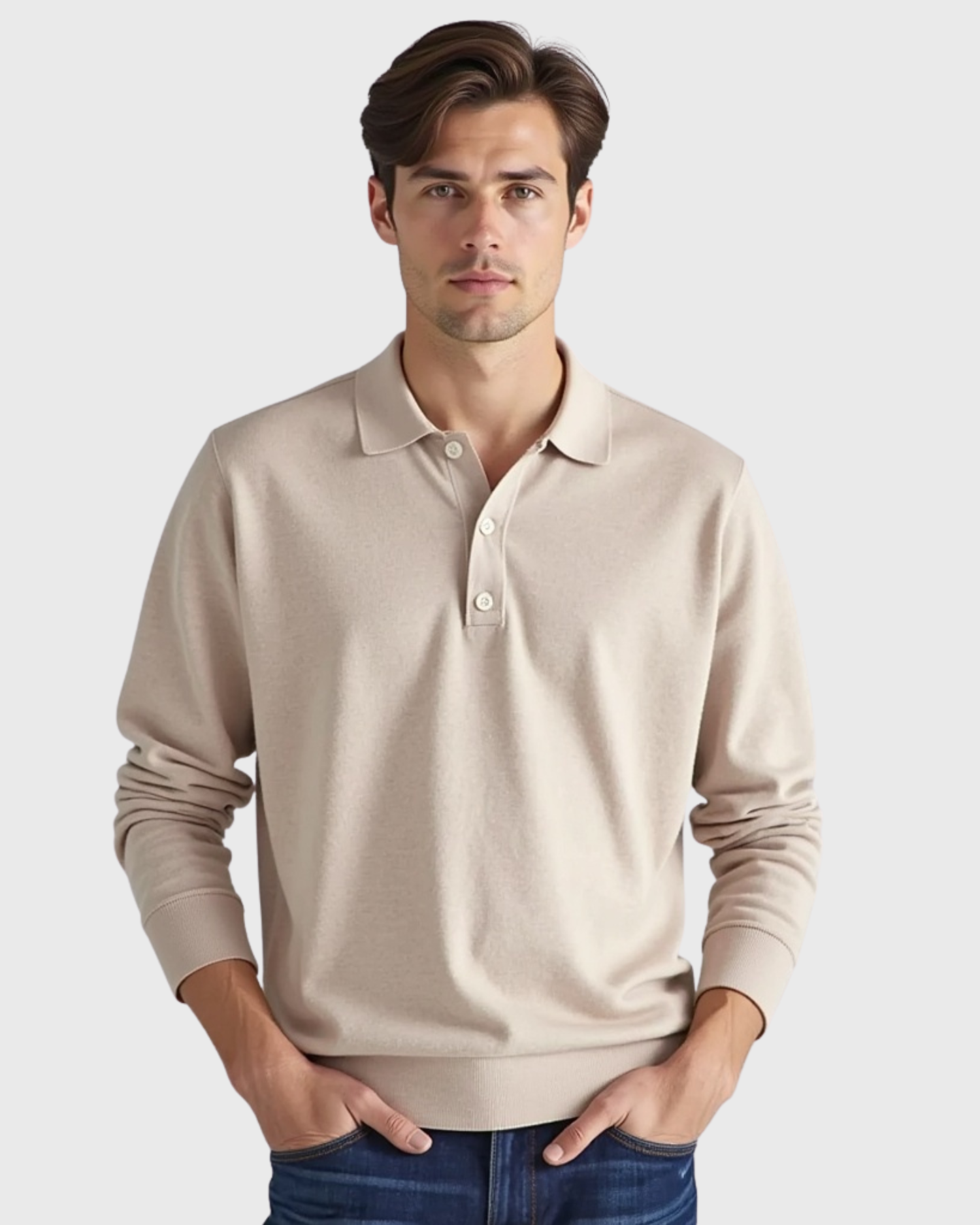 Men’s Long-Sleeve Polo Shirt with Button-Front Collar