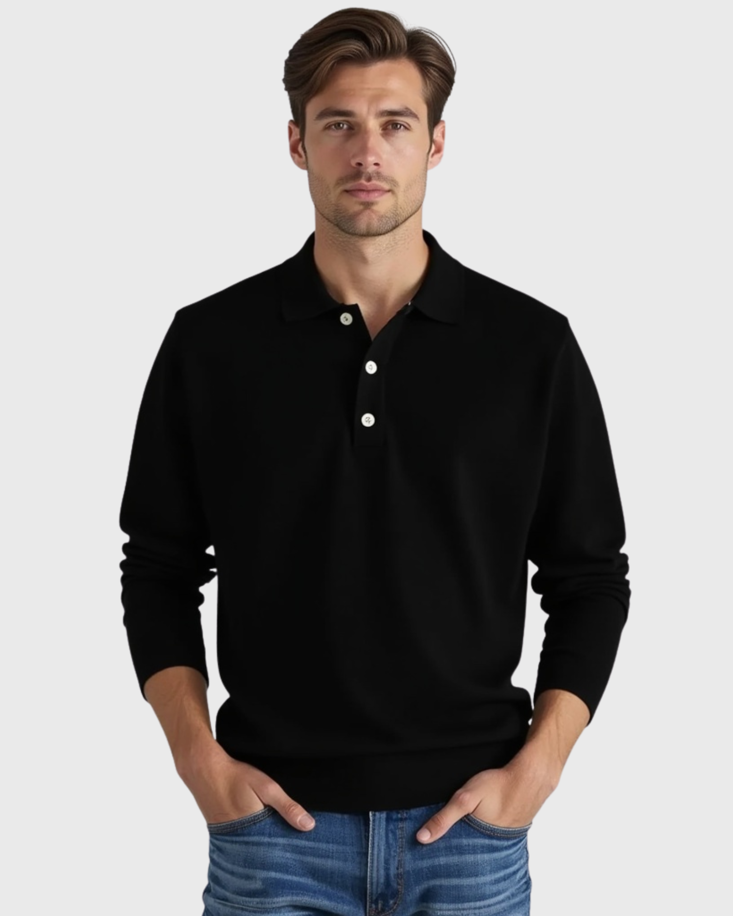 Men’s Long-Sleeve Polo Shirt with Button-Front Collar
