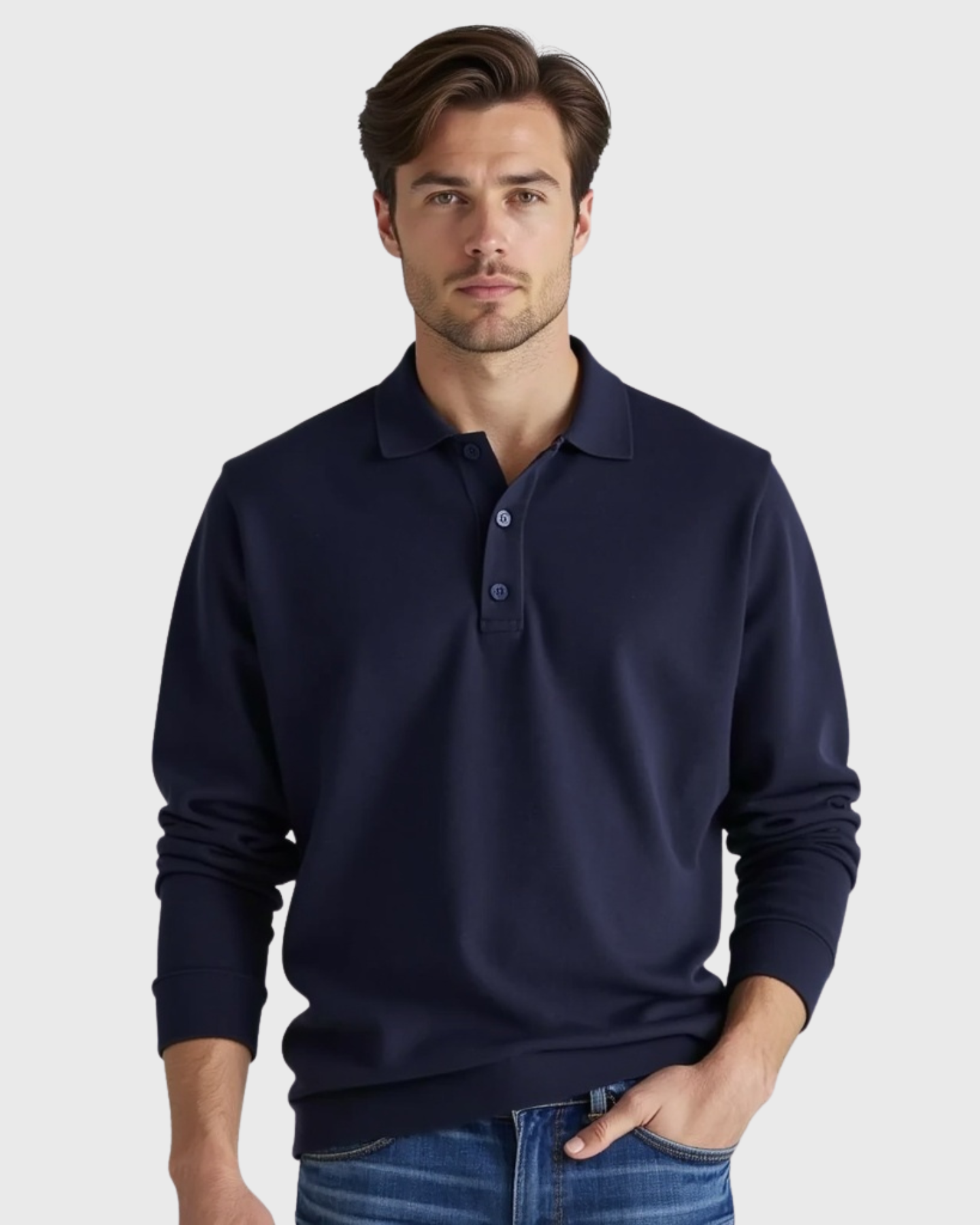 Men’s Long-Sleeve Polo Shirt with Button-Front Collar