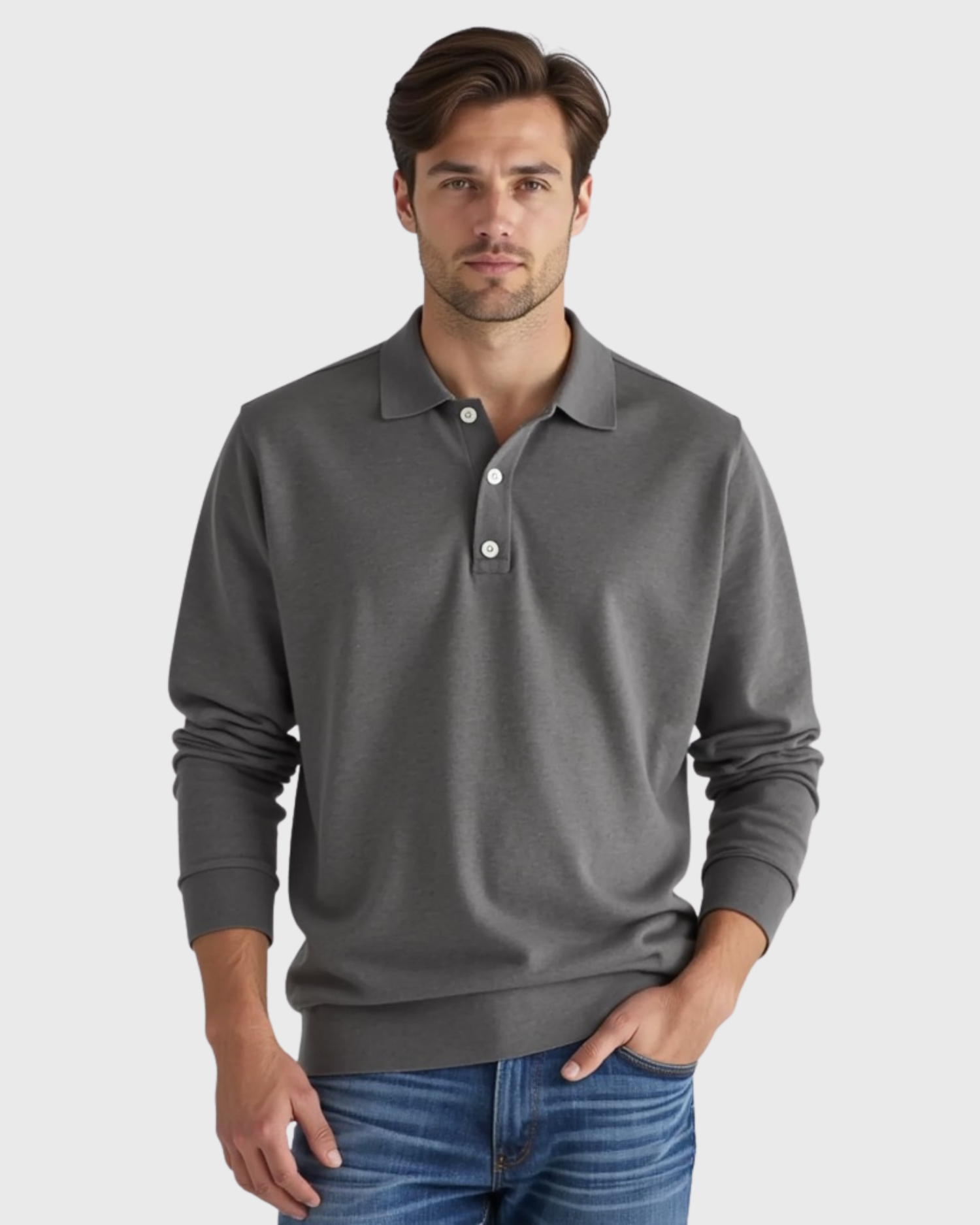 Men’s Long-Sleeve Polo Shirt with Button-Front Collar