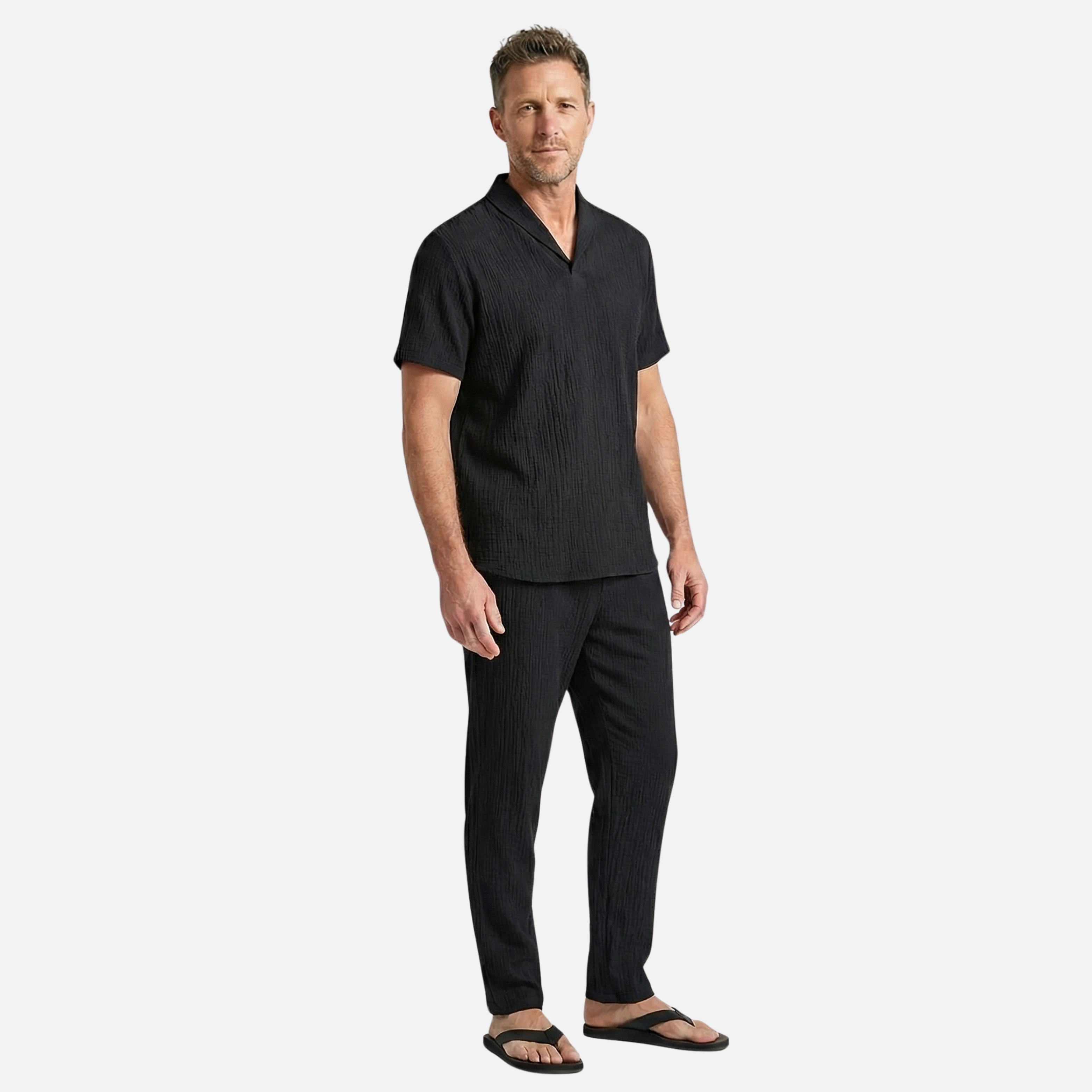 Relaxed Fit Linen Set with Drawstring Waistband for Men