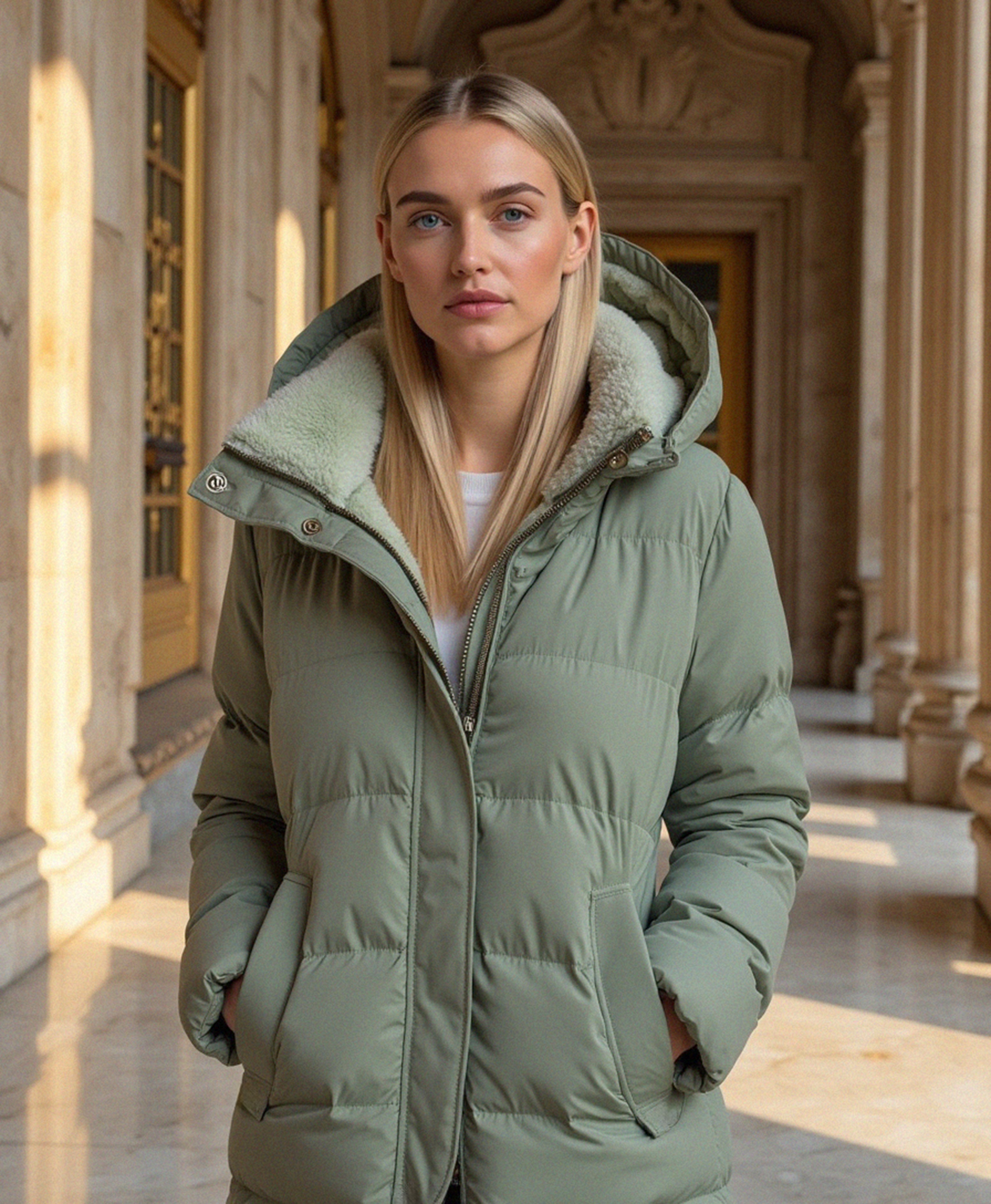 Quilted Puffer Jacket with Hooded Collar for Women