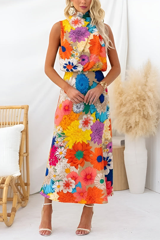 Summer | Sleeveless Tie Neck Waisted Floral Print Maxi Dress