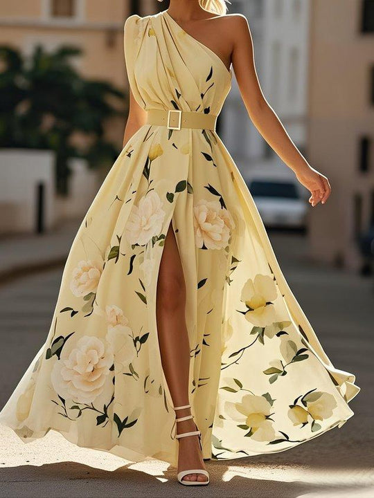 Julie | Light Green Floral Chiffon One-Shoulder Maxi Dress