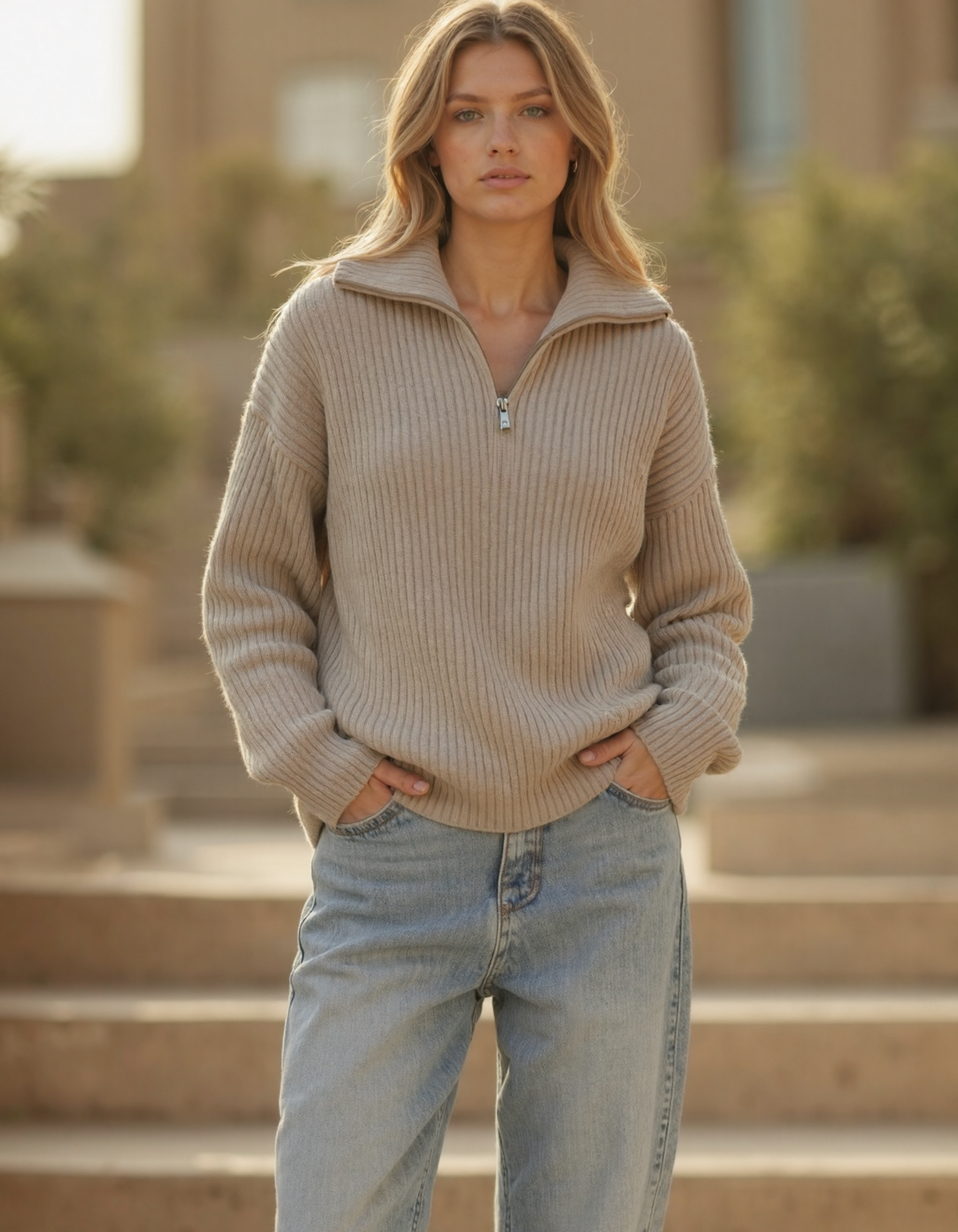 Women’s Half-Zip Knit Sweater with Long Sleeves