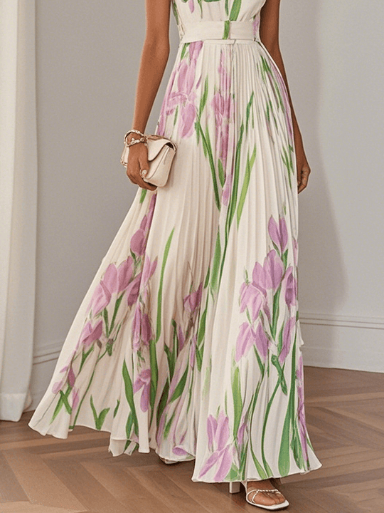 Marie | White Pleated Floral Chiffon Maxi Dress