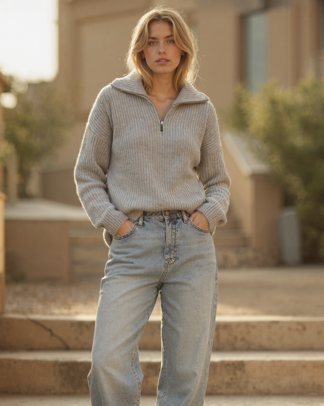 Women’s Half-Zip Knit Sweater with Long Sleeves