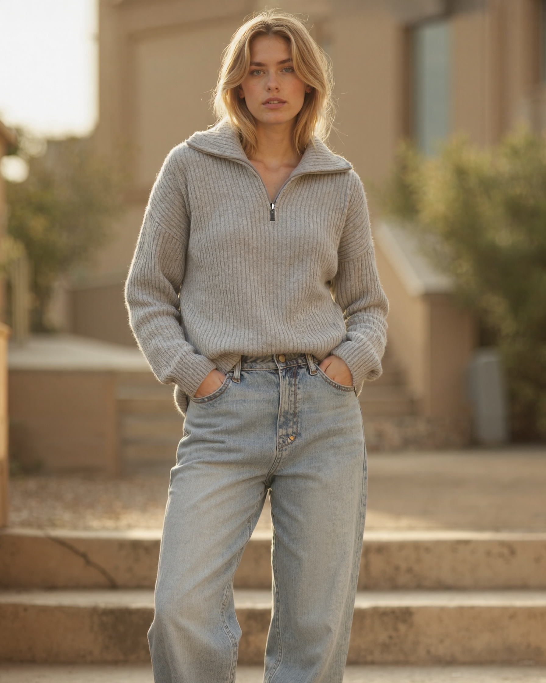 Women’s Half-Zip Knit Sweater with Long Sleeves