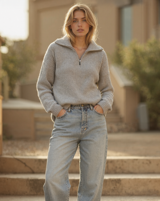 Women’s Half-Zip Knit Sweater with Long Sleeves