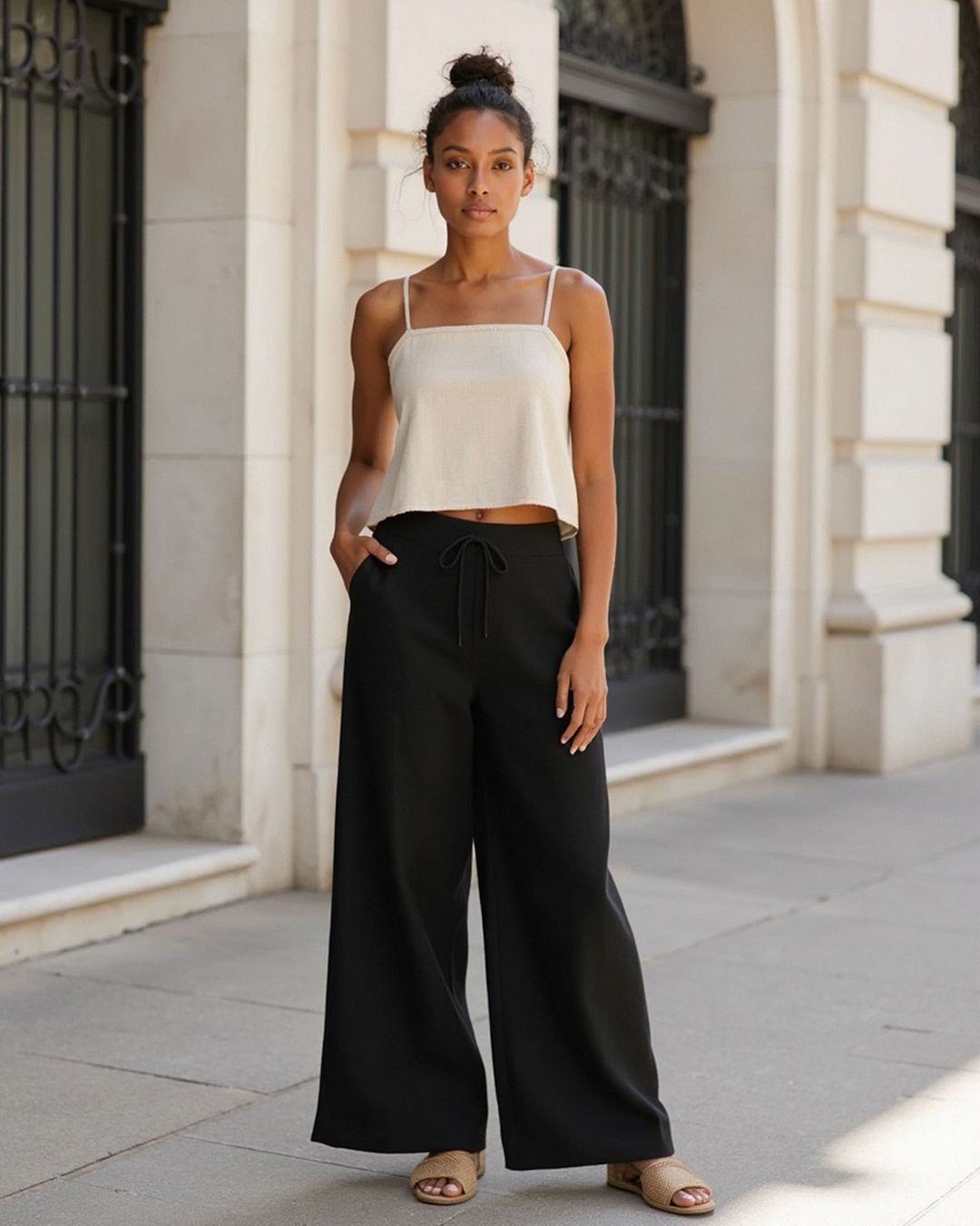 Women’s Linen Blend Loose Trousers with Elastic Waistband