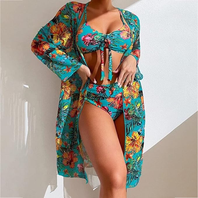 Summer High-Waisted Swimsuit - 3-Piece Floral Set for Women