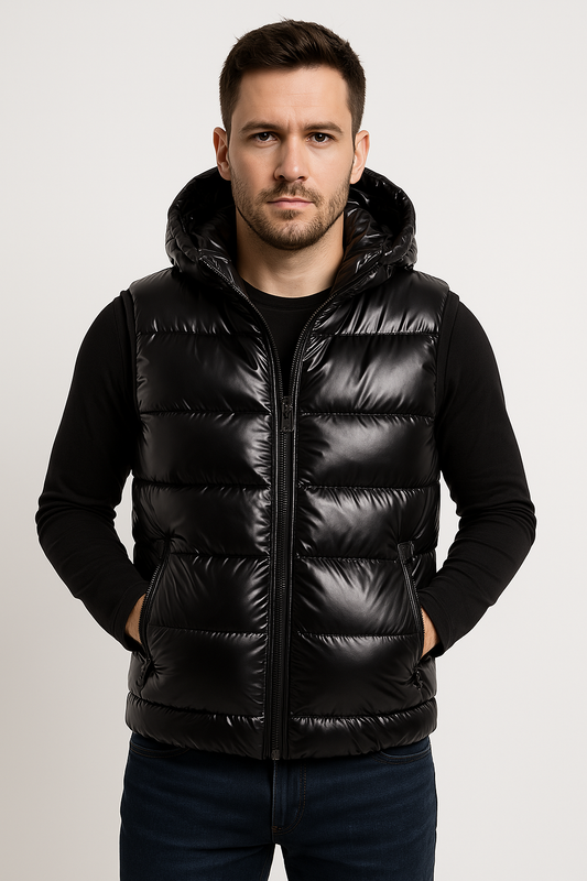 Hooded Shiny Finish Vest for Men | Sleeveless Full Zip
