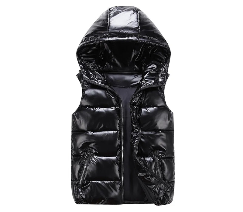 Hooded Shiny Finish Vest for Men | Sleeveless Full Zip