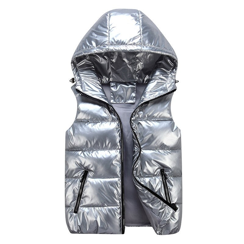 Hooded Shiny Finish Vest for Men | Sleeveless Full Zip