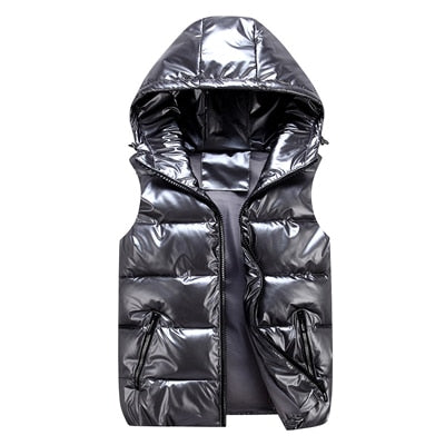 Hooded Shiny Finish Vest for Men | Sleeveless Full Zip