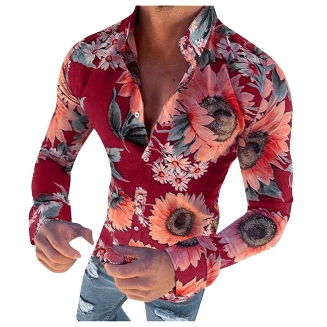 Floral Pattern Long Sleeve Button-Down Shirt for Men | Long Sleeve