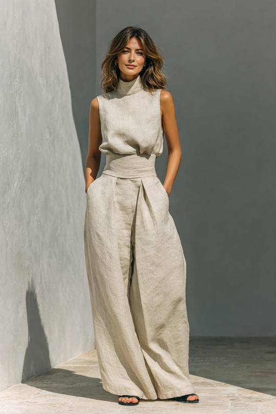 Maria - Minimalist Cotton Linen Tank Top and Wide-Leg Pants Set for Women