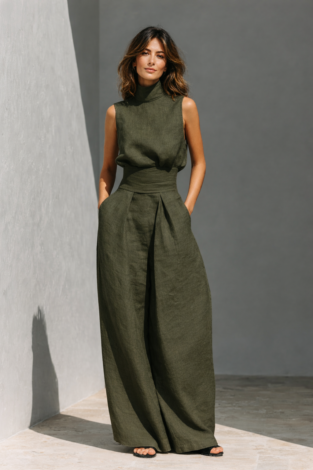 Maria - Minimalist Cotton Linen Tank Top and Wide-Leg Pants Set for Women