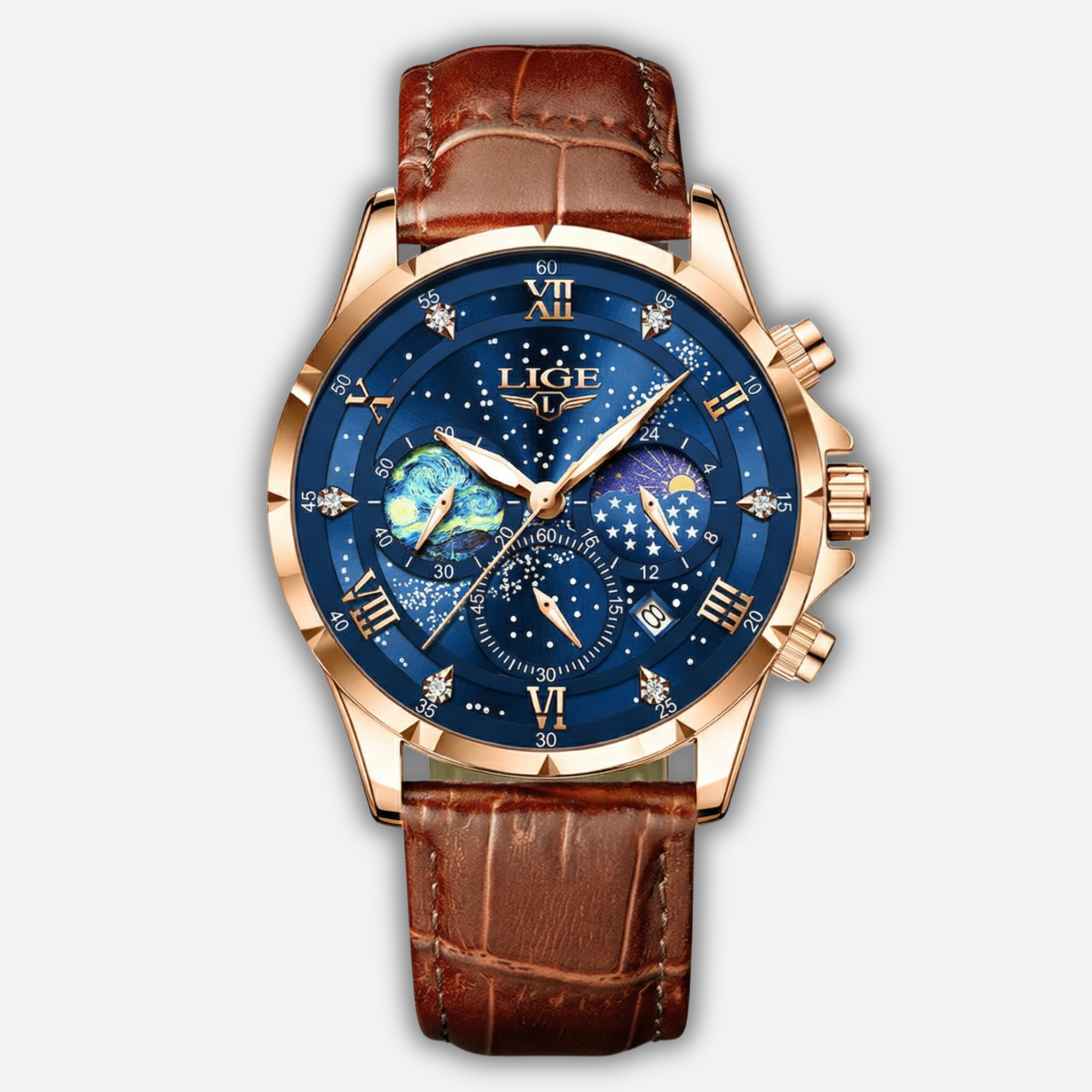 Chronograph Moonphase Watch with Luminous Hands for Men