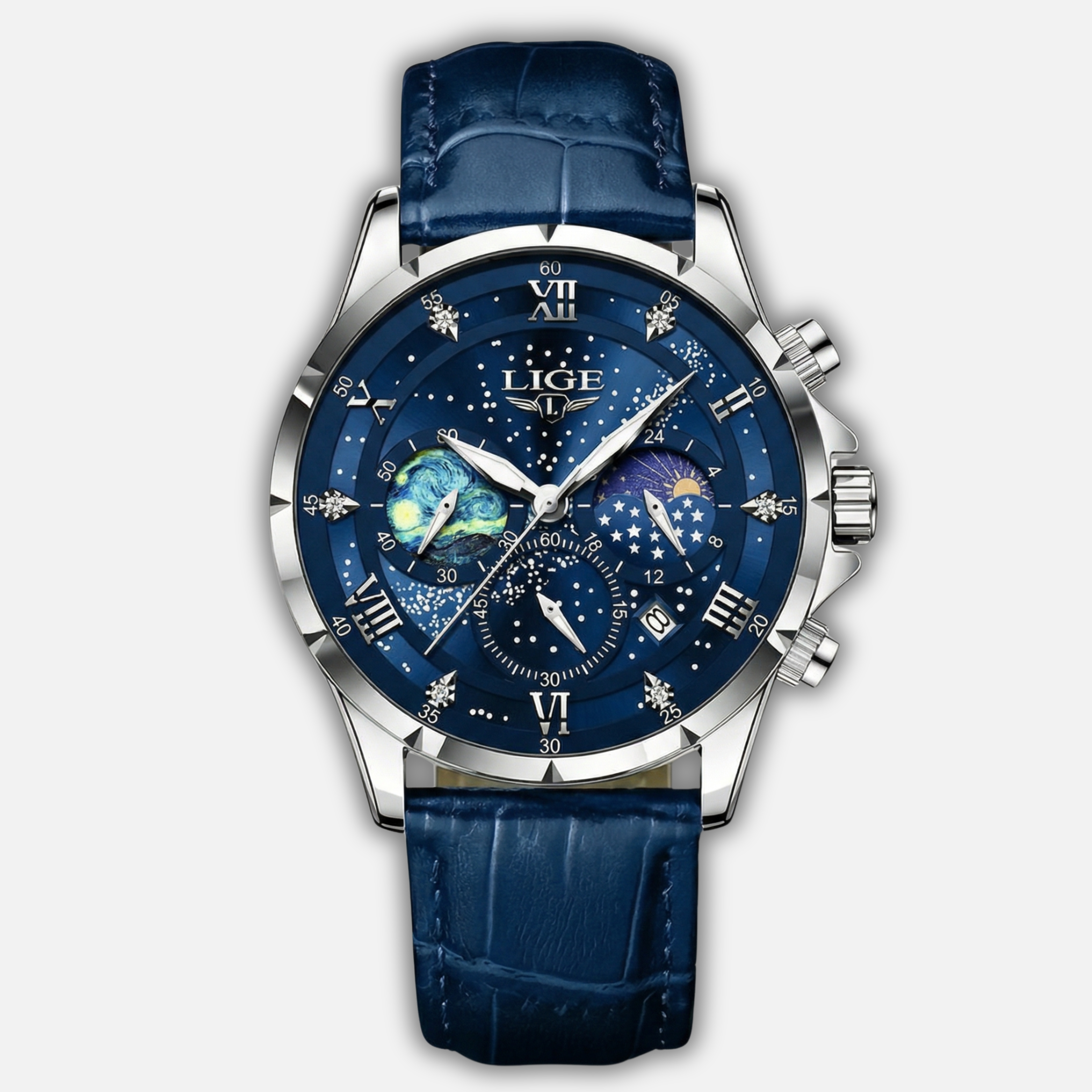 Chronograph Moonphase Watch with Luminous Hands for Men