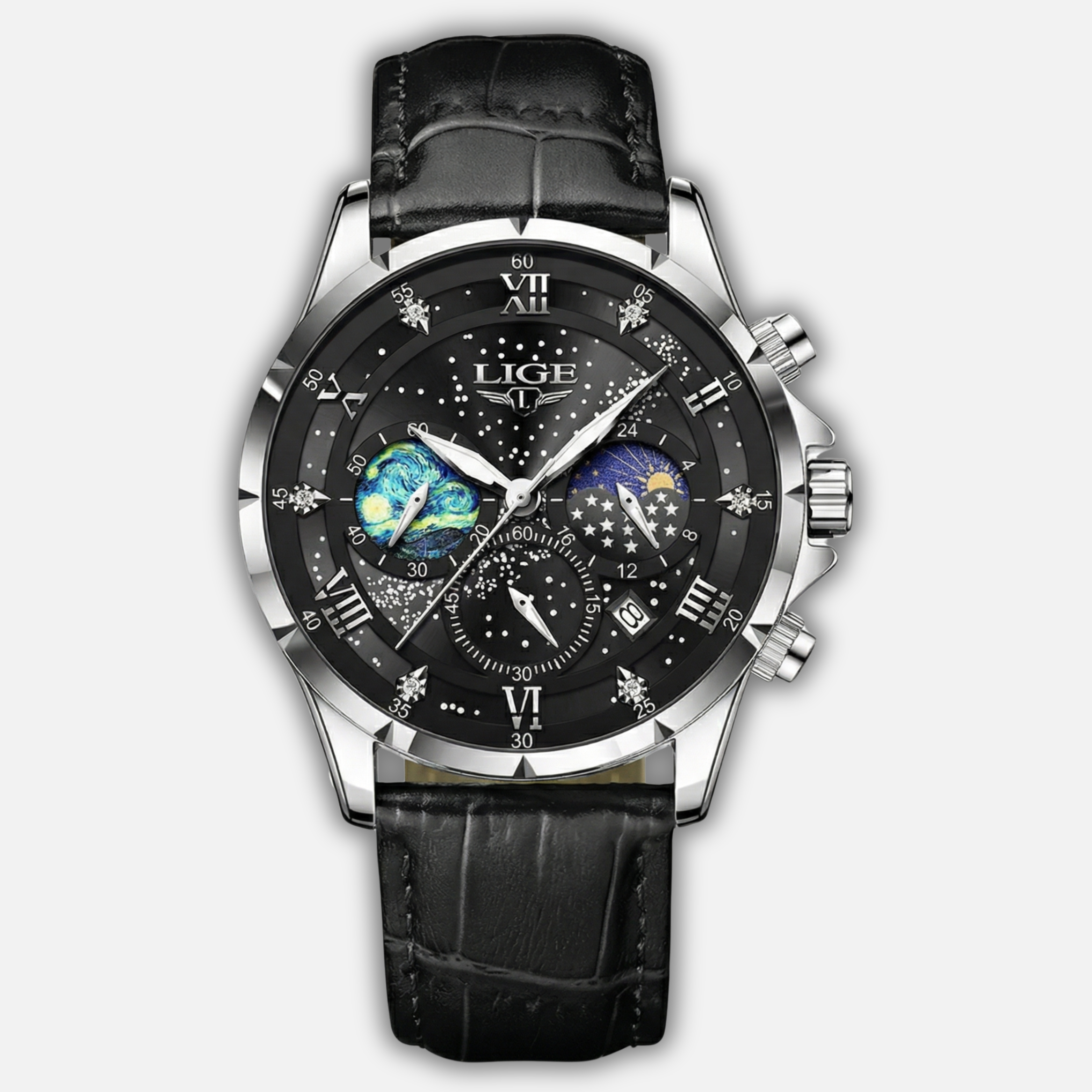 Chronograph Moonphase Watch with Luminous Hands for Men