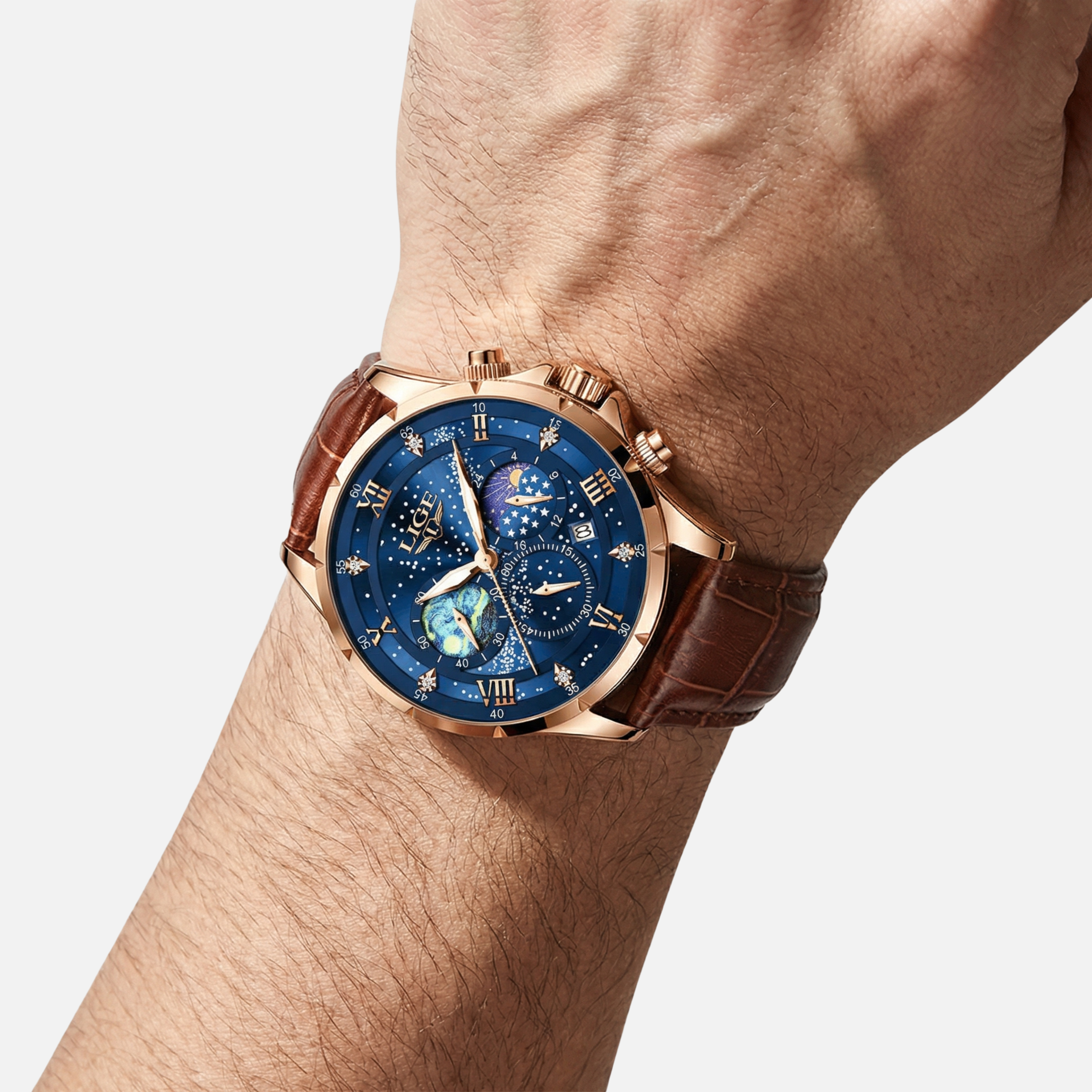 Chronograph Moonphase Watch with Luminous Hands for Men