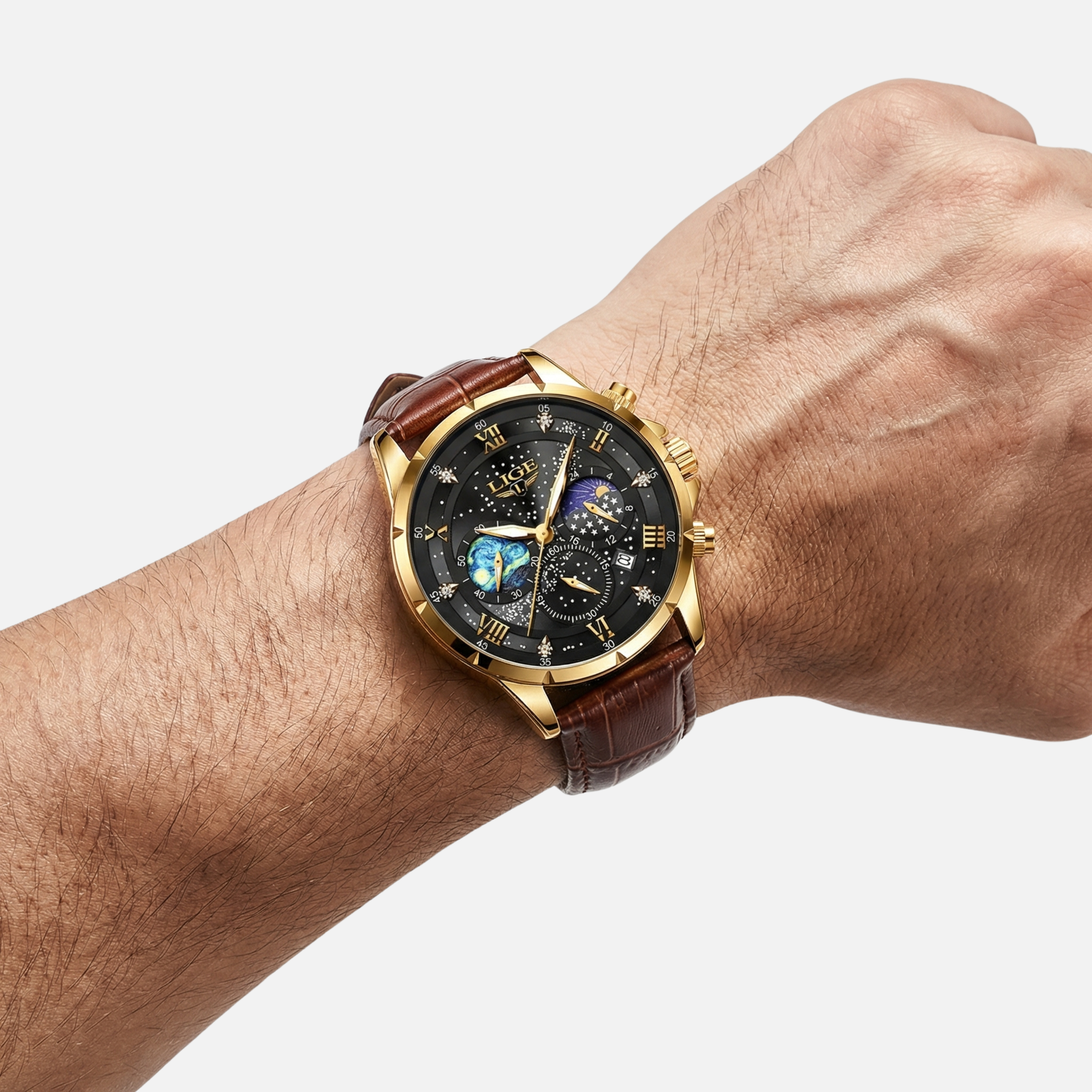 Chronograph Moonphase Watch with Luminous Hands for Men