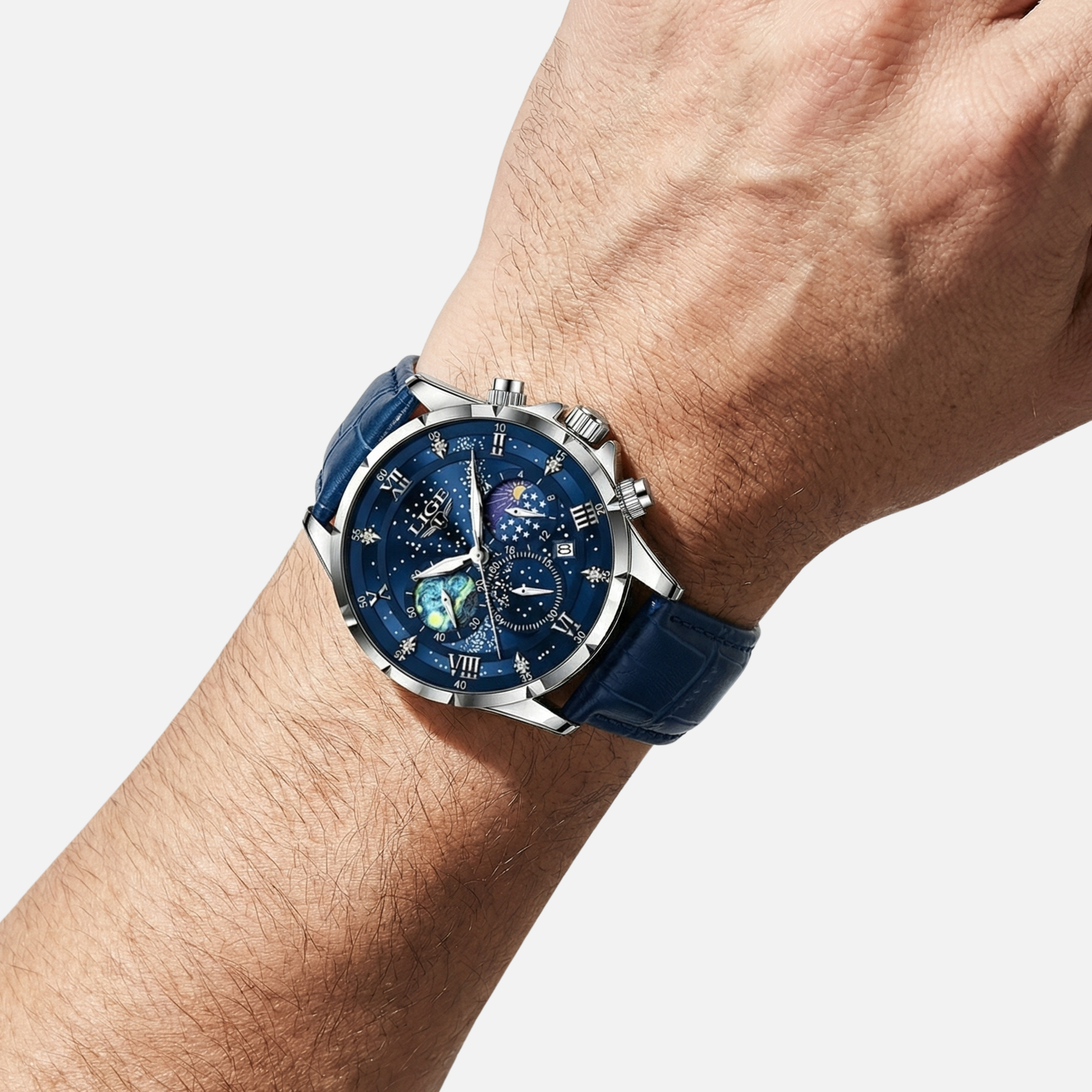 Chronograph Moonphase Watch with Luminous Hands for Men