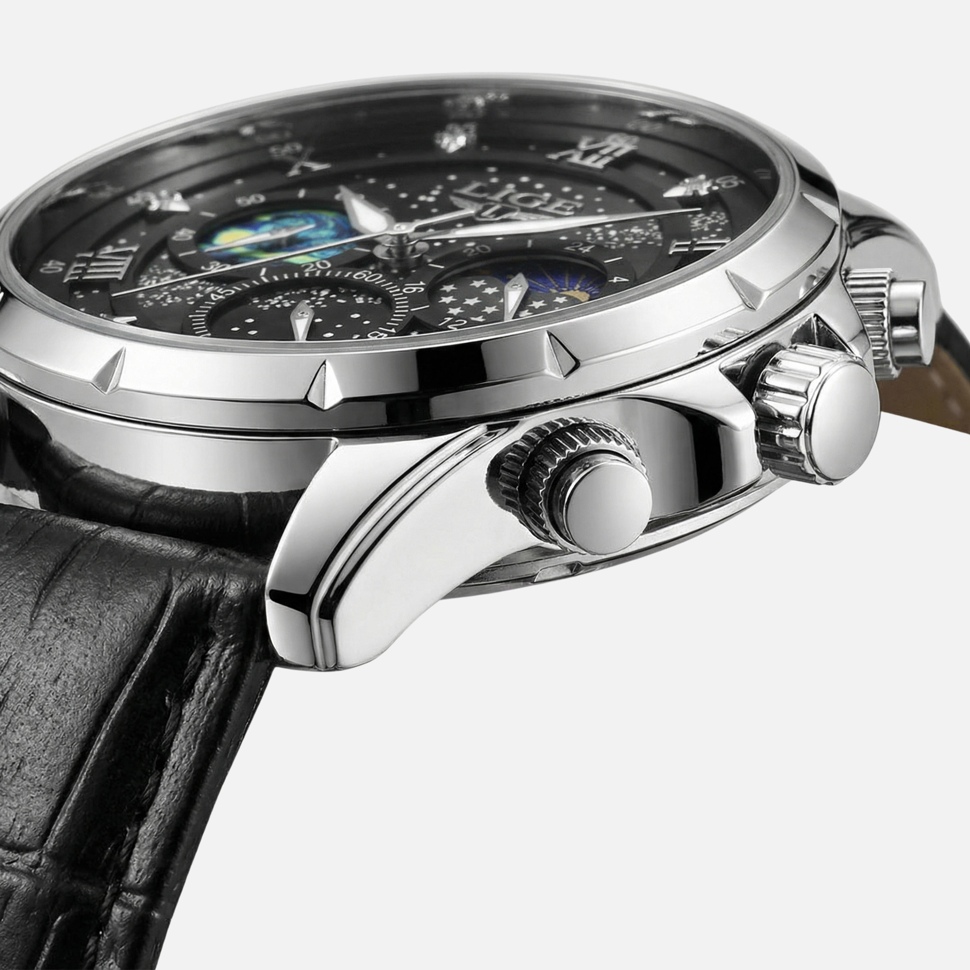 Chronograph Moonphase Watch with Luminous Hands for Men