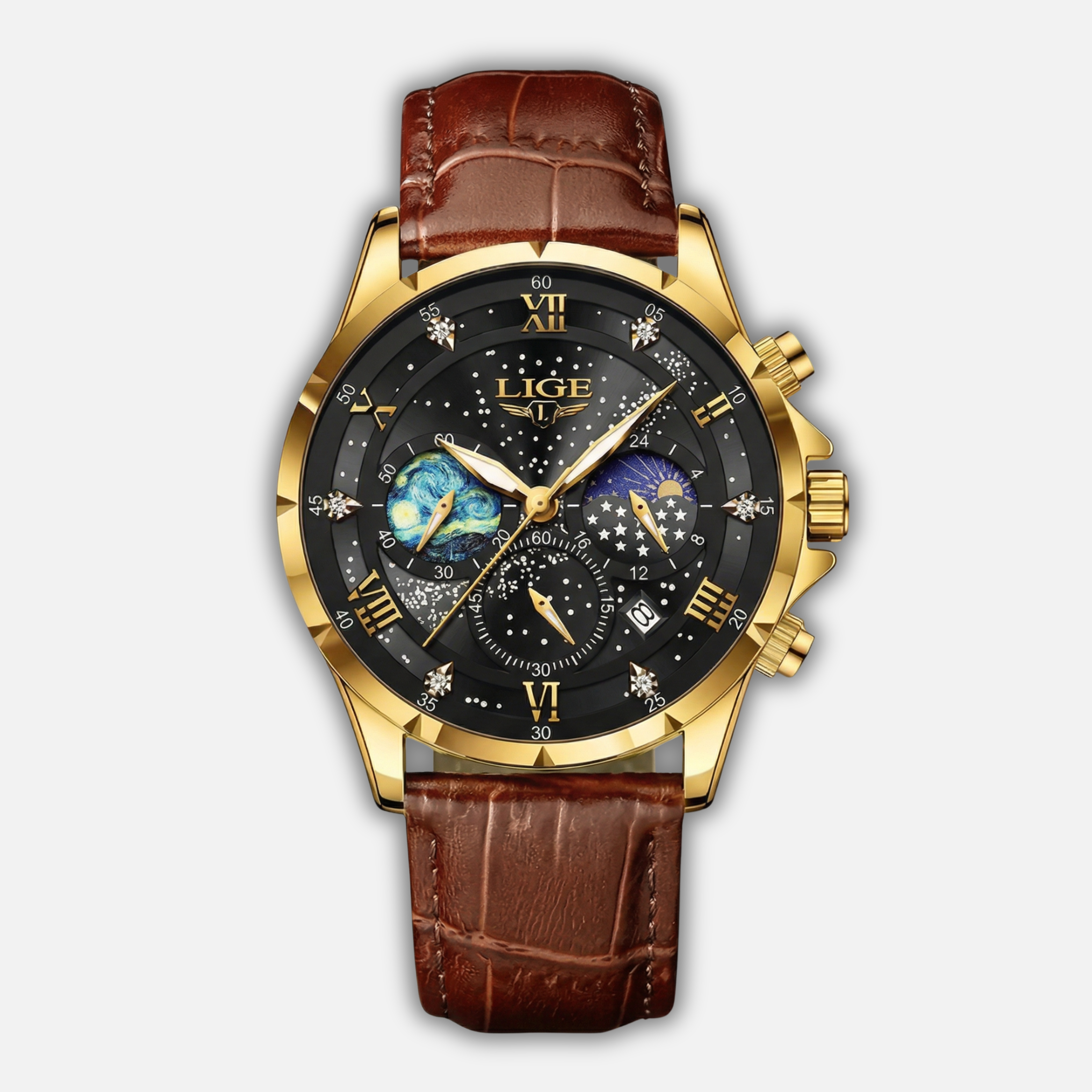 Chronograph Moonphase Watch with Luminous Hands for Men