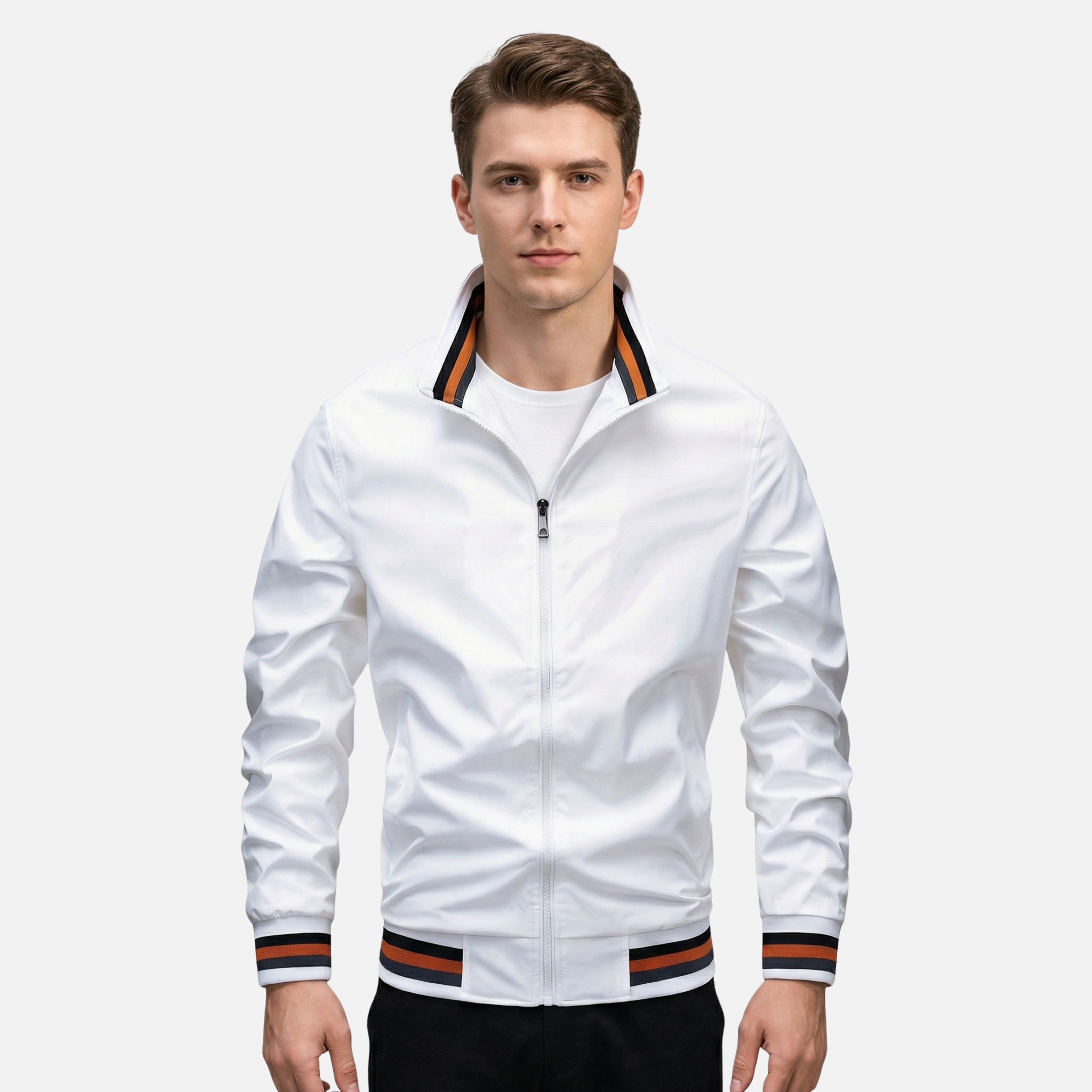 Ribbed-Trim Bomber Jacket with Stand Collar for Men