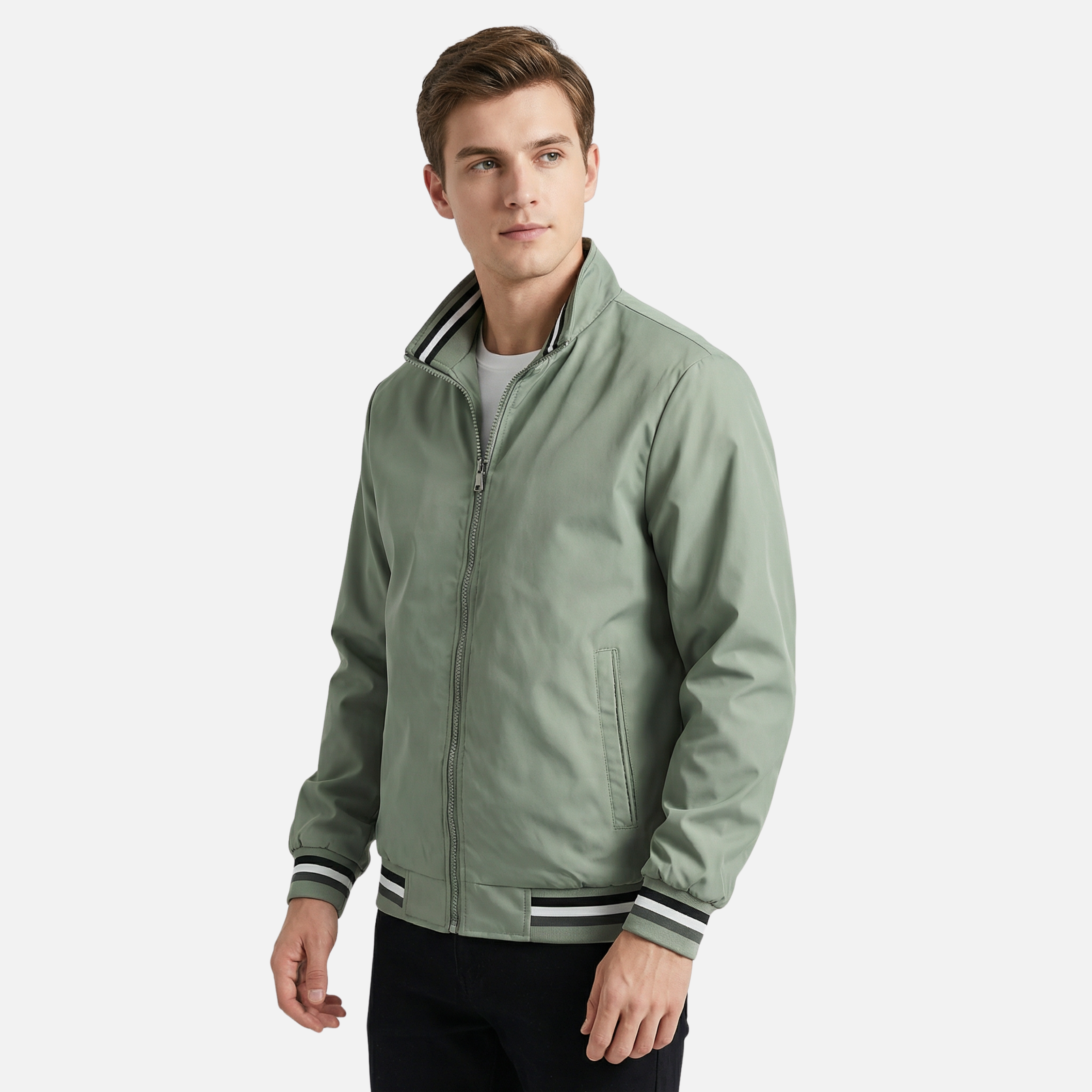Ribbed-Trim Bomber Jacket with Stand Collar for Men