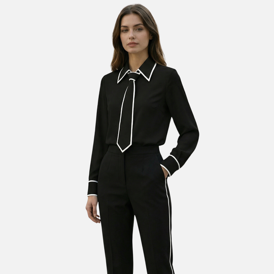 Women’s Contrast-Trim Blouse with Detachable Tie
