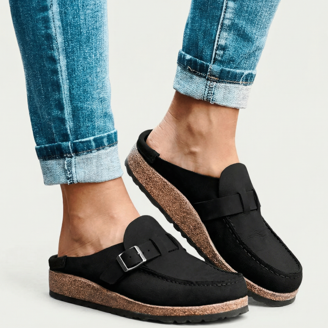 Women’s Faux Suede Mule Shoes with Buckle Strap