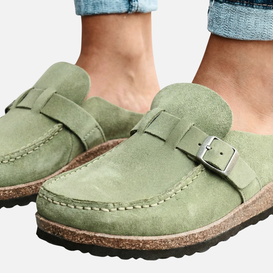 Women’s Faux Suede Mule Shoes with Buckle Strap