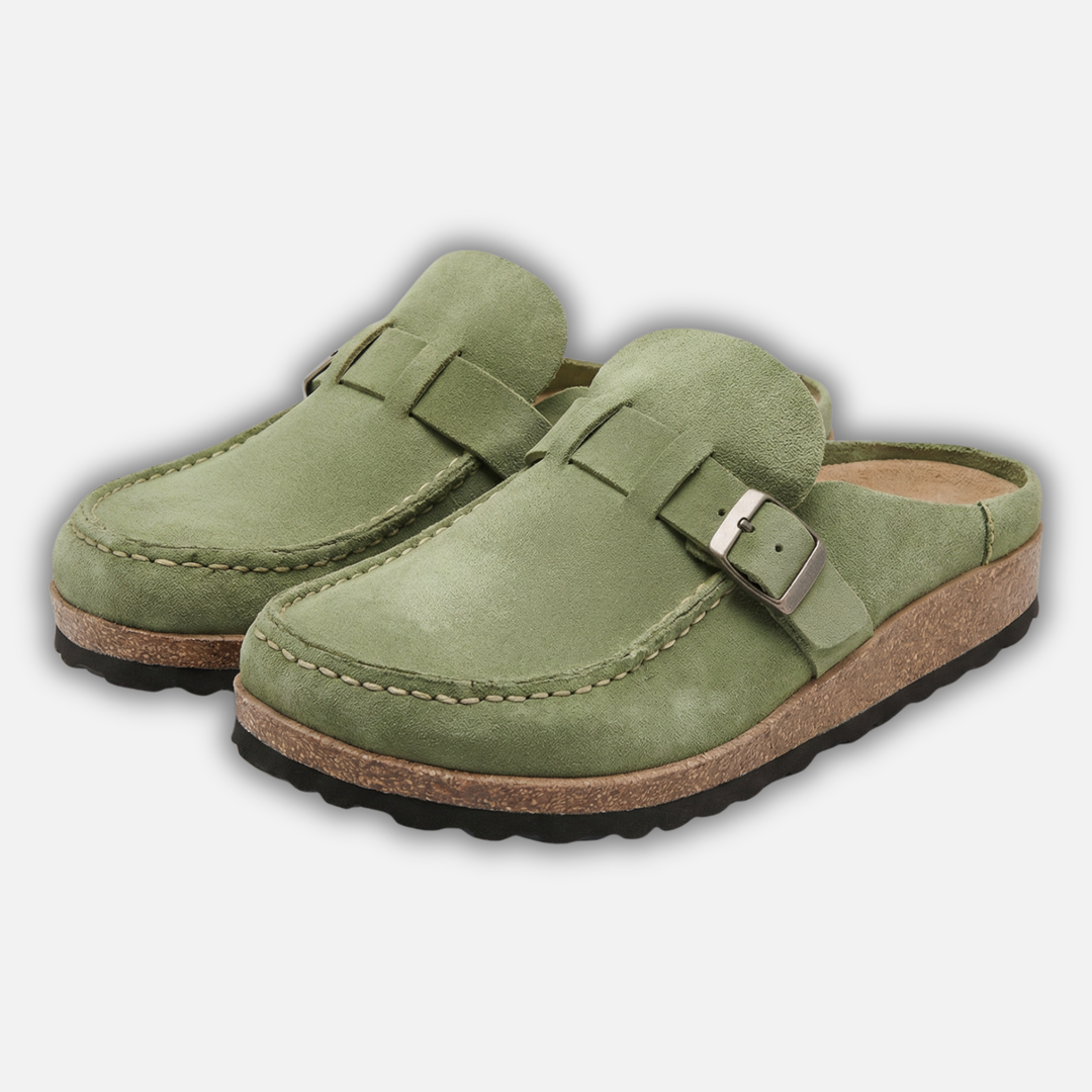 Women’s Faux Suede Mule Shoes with Buckle Strap