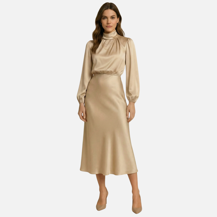 Women’s High Waist Midi Dress with Long Sleeves